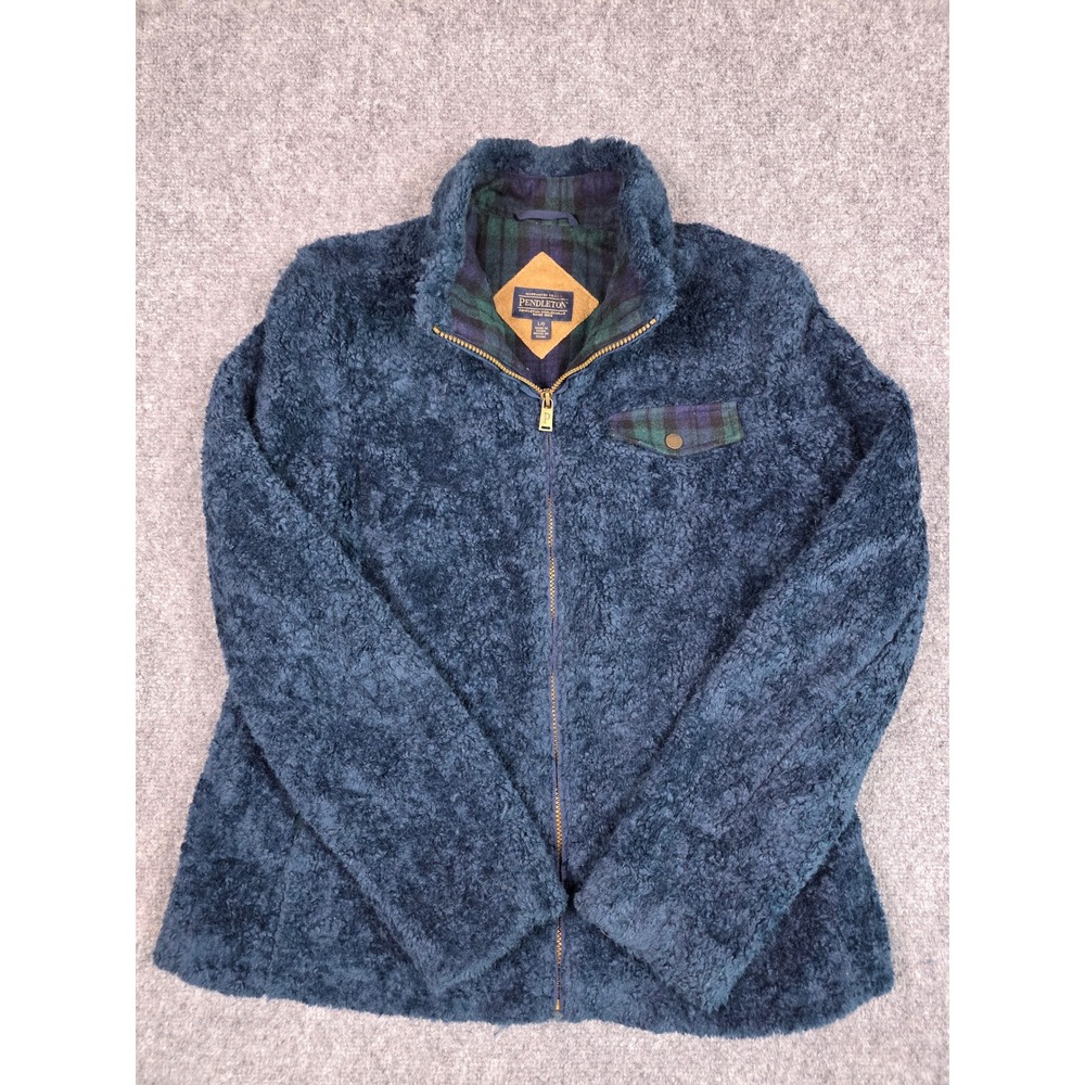 Pendleton Sherpa Fleece Jacket Womens Large Blue Black Watch Plaid Full Zip Cozy